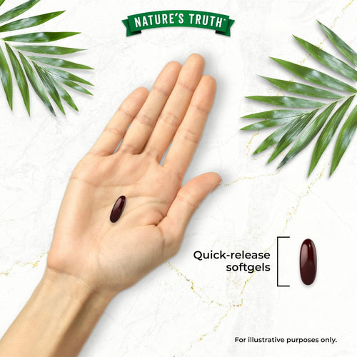 A dark red quick-release softgel on a hand, labeled 'Quick-release softgels', next to another softgel.