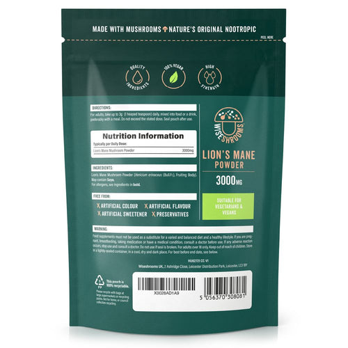 Green pouch of Lion's Mane Powder, offering a 3000mg daily dose. This high strength product is 100% vegan and made with mushrooms.