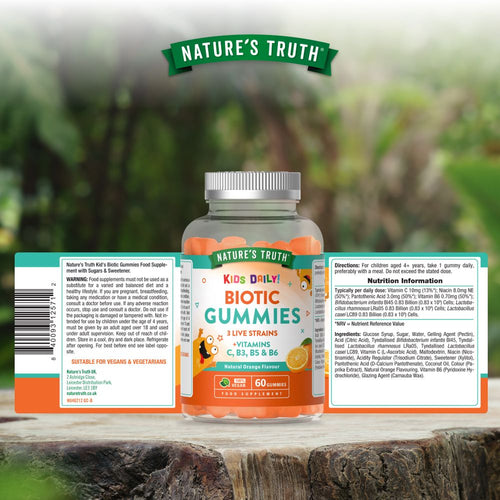 Clear bottle of NU Probiotic for Kids with 60 Vegan Gummies, labeled 'Kids Daily Biotic Gummies' and 'Natural Orange Flavour.'