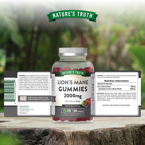 A hand holding a bottle of Lions Mane Gummies, 2000mg, with 60 gummies to show size and scale against the hand.