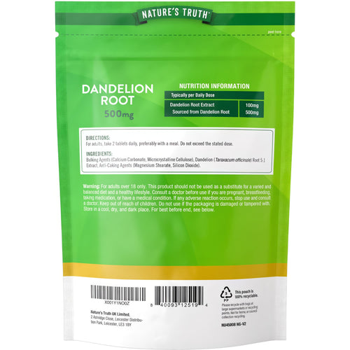 Package of Dandelion Root 500mg containing 60 vegan tablets.