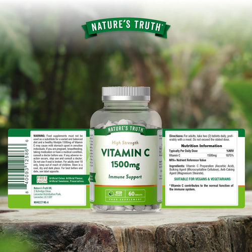 Bottle of Nature's Truth Vitamin C 1500mg containing 60 tablets for immune support and antioxidant benefits.