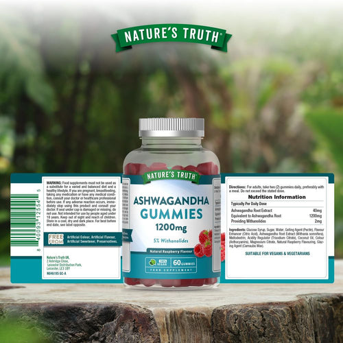 A hand holding a bottle of NU Ashwagandha Gummies, 1200mg, 60 vegan gummies, Natural Raspberry Flavour.