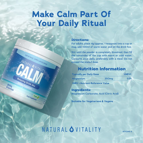 Natural Vitality Calm Relaxing Drink Mix, Original Unflavoured, 200g, offers 50 servings with 350mg magnesium.