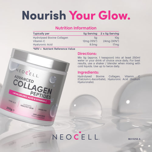 Neocell Advanced Collagen Peptides powder with Hyaluronic Acid and Vitamin C, 200g. Type 1 & 3, grass-fed, supports healthy skin.