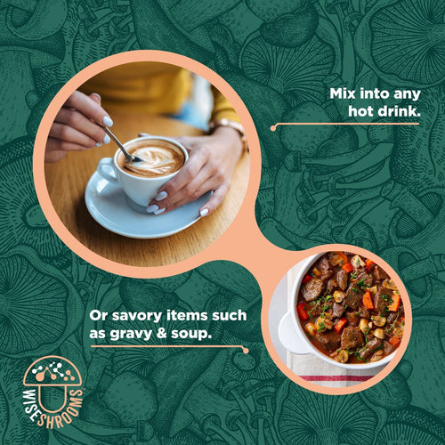 Wiseshrooms Lions Mane Vegan Powder mixed into a hot drink or savory dishes like gravy and soup.
