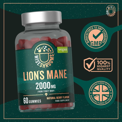 A hand holding a bottle of Wiseshrooms Lion's Mane 2000mg, containing 60 vegan gummies.