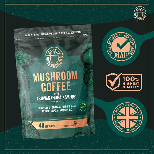 Wiseshrooms Mushroom Coffee with Ashwagandha KSM-66, 100g vegan powder supplement offering 40 servings.