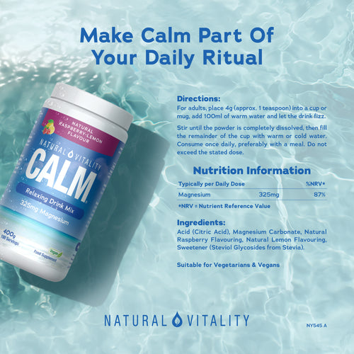 Natural Vitality Calm Relaxing Drink Mix, Raspberry-Lemon Flavour, 400g, 100 Servings, 325mg Magnesium, Vegan Food Supplement.