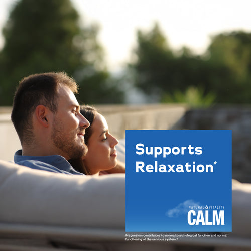 Man and woman relaxing on a patio at sunset, conveying peace, with a graphic for Natural Vitality Calm.