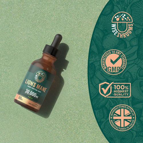 Wiseshrooms Lion's Mane Mushroom 30,000mg vegan liquid food supplement in a 60ML dropper bottle, shown on a hand.