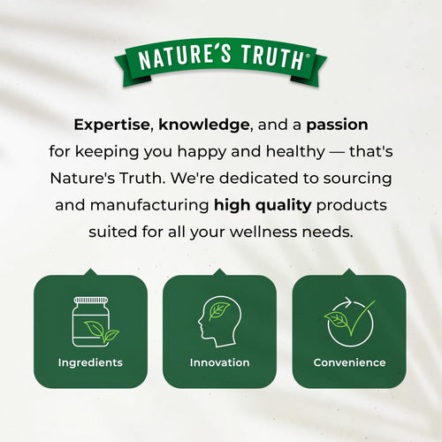 Nature's Truth infographic highlighting dedication to quality products through a focus on ingredients, innovation, and convenience.
