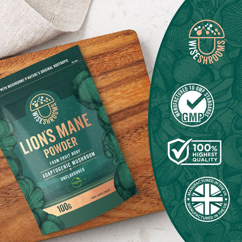 Wiseshrooms Lion's Mane Powder 100g vegan supplement pouch, GMP certified, 100% quality, made in the UK.
