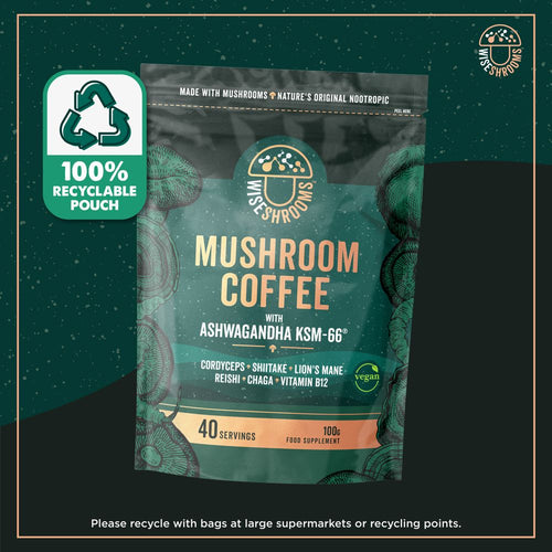 Pouch of 100g Mushroom Coffee with Ashwagandha KSM-66® supplement, 40 servings, 100% recyclable packaging.
