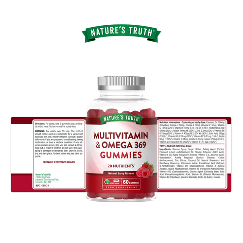 NU Omega 369 and Multivitamin 60 vegetarian gummies in natural berry flavor, shown in product packaging.