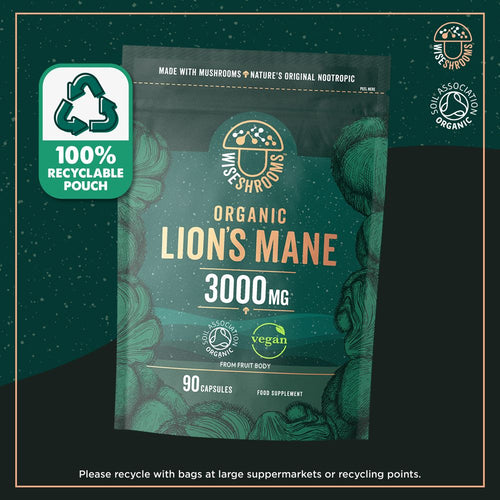 Hand holding a pouch of Organic Lion's Mane 3000mg containing 90 vegan capsules.