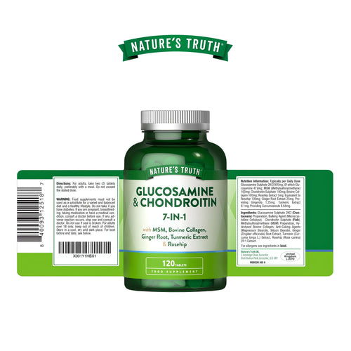 Glucosamine & Chondroitin 7-in-1 contains MSM, Bovine Collagen, Ginger Root, Turmeric Extract & Rosehip in 120 tablets.