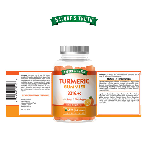 Turmeric, Ginger & Black Pepper Gummies 3216MG with natural orange flavor. Contains 60 vegan gummies.