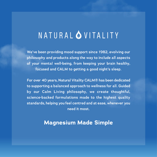 Natural Vitality Calm Magnesium graphic: mood support since 1982 for mental well-being, calm, good sleep. Magnesium Made Simple.