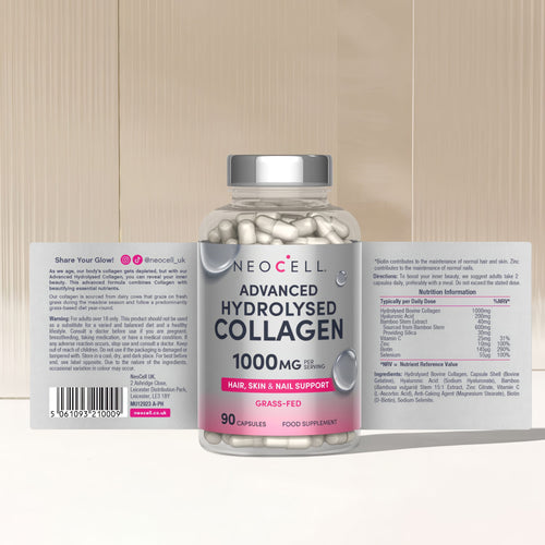 Advanced Hydrolysed Collagen, 1000 mg per serving, supports hair, skin and nails, grass-fed, 90 capsules, food supplement.