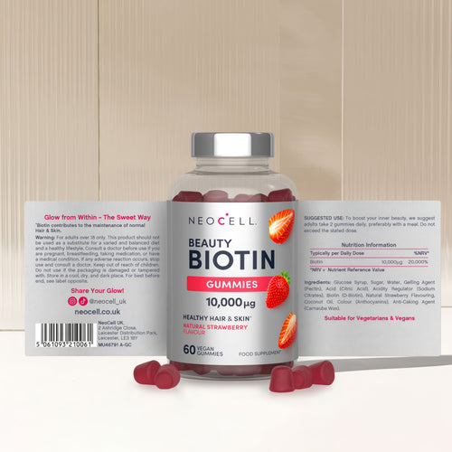 Beauty Biotin Gummies with 10,000µg for healthy hair and skin. Natural strawberry flavor. 60 vegan gummies.