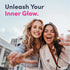 Two women smiling and gesturing, with the words 'Unleash Your Inner Glow' in the scene.