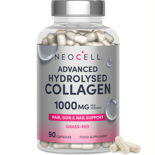 Neocell Advanced Hydrolysed Collagen, 1000mg, 90 capsules for hair, skin, and nail support. Grass-fed source.