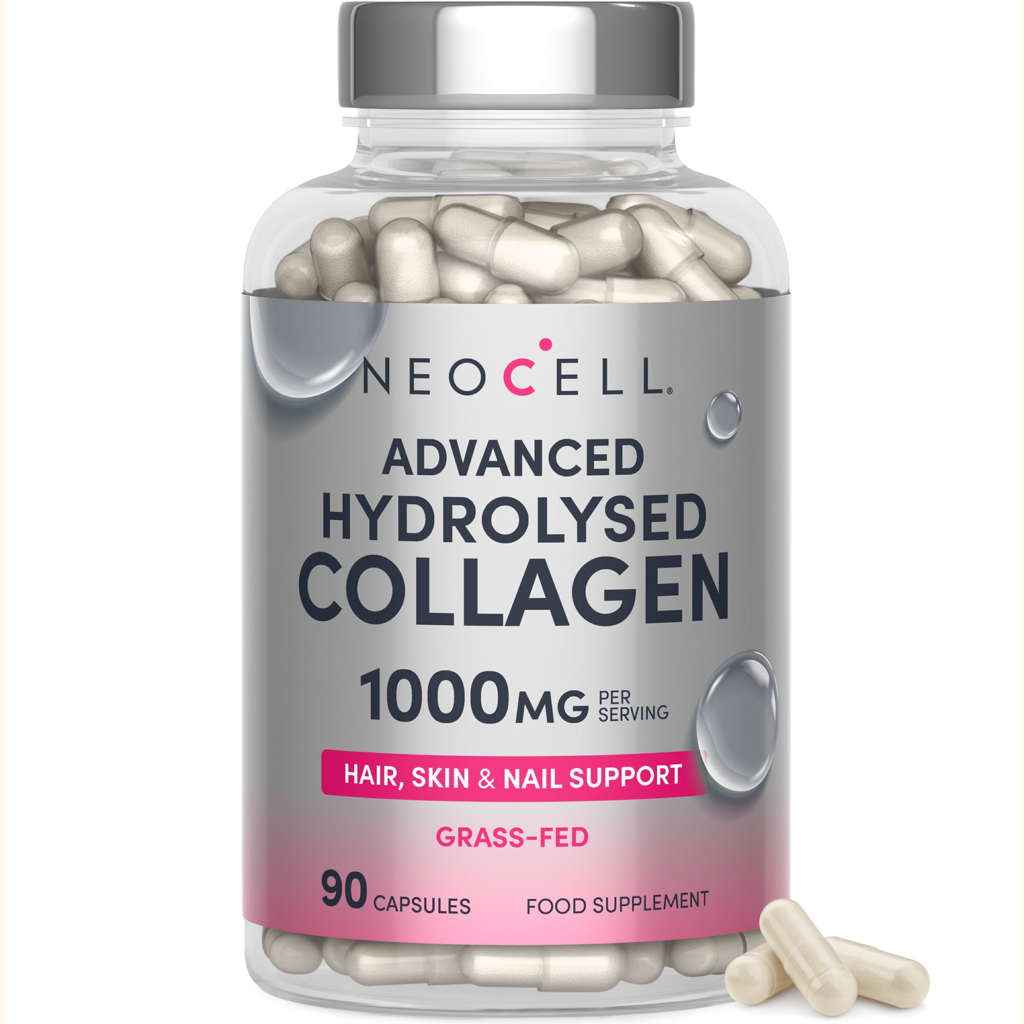 Neocell Advanced Hydrolysed Collagen, 1000mg, 90 capsules for hair, skin, and nail support. Grass-fed source.