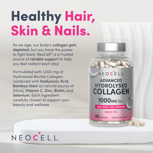 NeoCell Advanced Hydrolysed Collagen 1000mg supports hair, skin, and nails; grass-fed, 90 capsules.