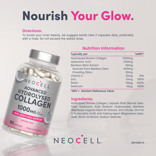Neocell Advanced Hydrolysed Collagen, 1000 mg per serving, 90 capsules for hair, skin, and nail support, grass-fed.