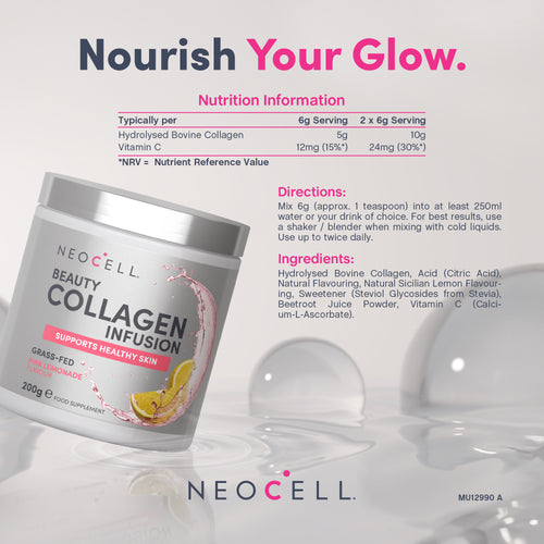Neocell Beauty Collagen Infusion in Pink Lemonade flavor, 200g powder for healthy skin.