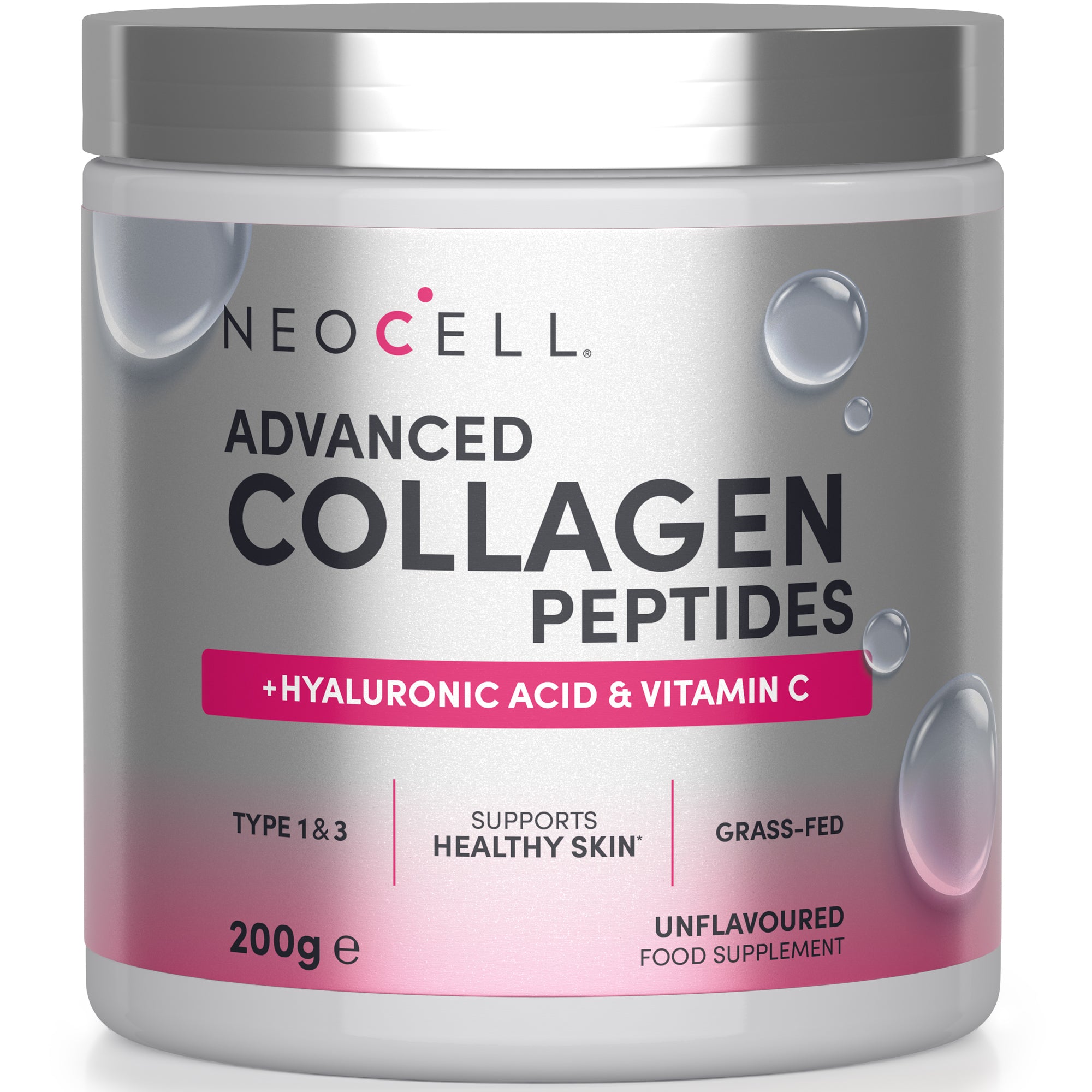 Neocell Advanced Collagen Peptides 200g jar with Hyaluronic Acid & Vitamin C, Type 1 & 3, Supports Healthy Skin, Grass-Fed, Unflavoured.