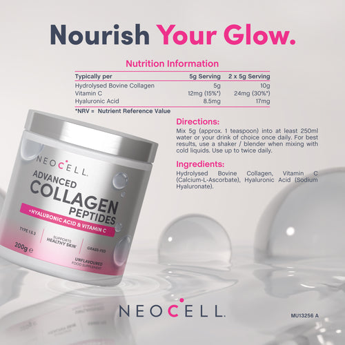 Neocell Advanced Collagen Peptides Type 1 and 3, 200g jar, with Hyaluronic Acid and Vitamin C, Unflavoured.