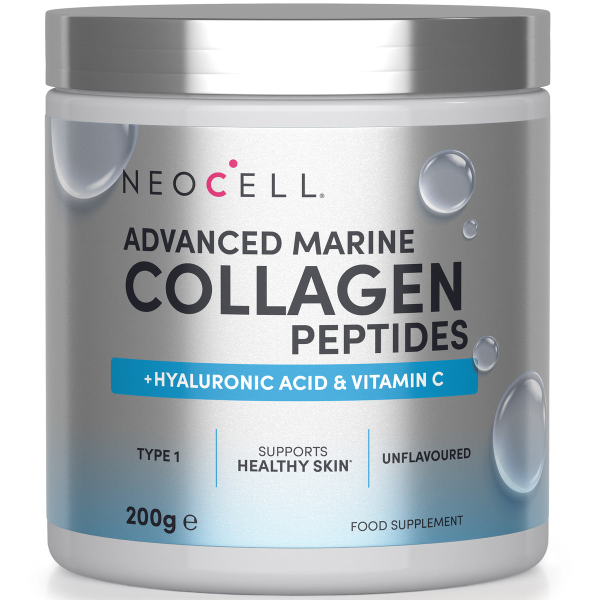 Neocell Advanced Marine Collagen Peptides with Hyaluronic Acid and Vitamin C powder, 200g package.