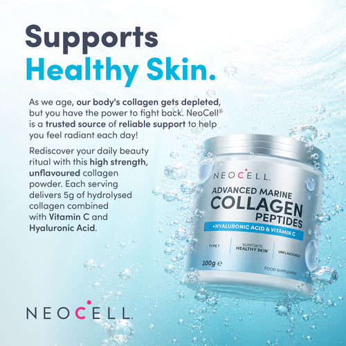 NeoCell Advanced Marine Collagen Peptides with Hyaluronic Acid and Vitamin C, 200g powder, unflavoured. Supports healthy skin.