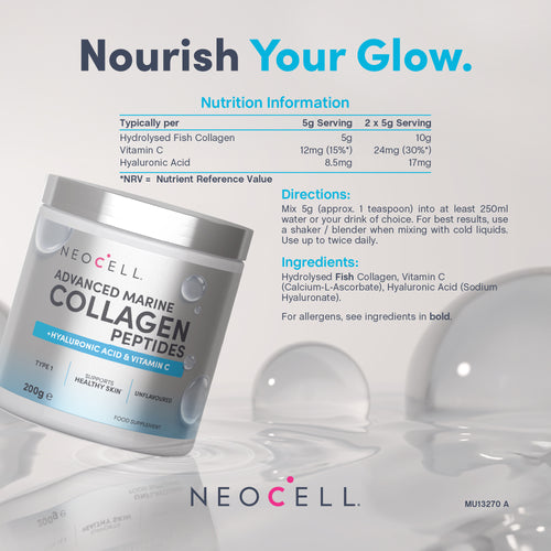 Neocell Advanced Marine Collagen Peptides with Hyaluronic Acid and Vitamin C, unflavoured, 200g powder.