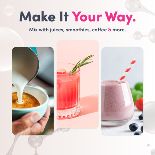 Graphic stating 'Make It Your Way. Mix with juices, smoothies, coffee & more.' showing coffee, a pink drink, and a smoothie.