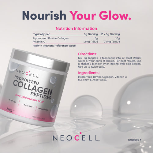 Neocell Hydrolysed Collagen Peptides powder, 200g, Type 1&3, Grass-Fed, Unflavoured food supplement.