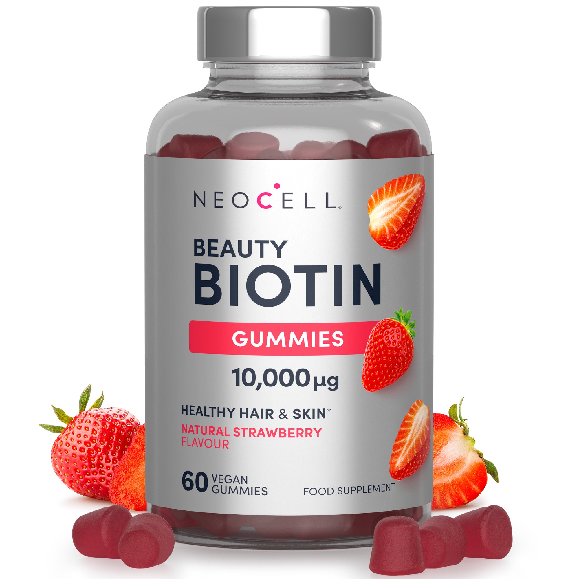 Neocell Beauty Biotin 10,000 µg gummies, strawberry flavor, 60 vegan gummy vitamins.