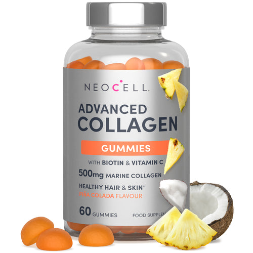 Neocell Advanced Collagen Gummies with Biotin and Vitamin C, 500mg Marine Collagen, Pina Colada flavor, 60 gummies.