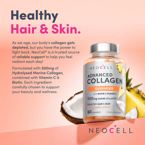 Neocell Advanced Collagen Gummies, 60 count, with Biotin & Vitamin C, 500mg Marine Collagen, Pina Colada flavor.
