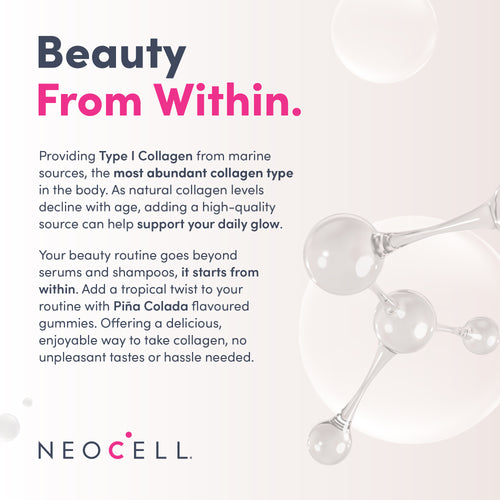Neocell Super Collagen Piña Colada gummies, providing Type I Marine Collagen for daily glow.