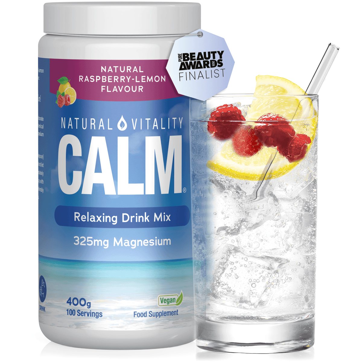 Natural Vitality Calm drink mix, raspberry-lemon, 325mg magnesium, 400g, vegan. Pure Beauty Awards finalist.
