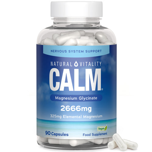 Natural Vitality Calm Magnesium Glycinate, 90 capsules. Contains 2666mg with 325mg elemental magnesium. Vegan supplement.