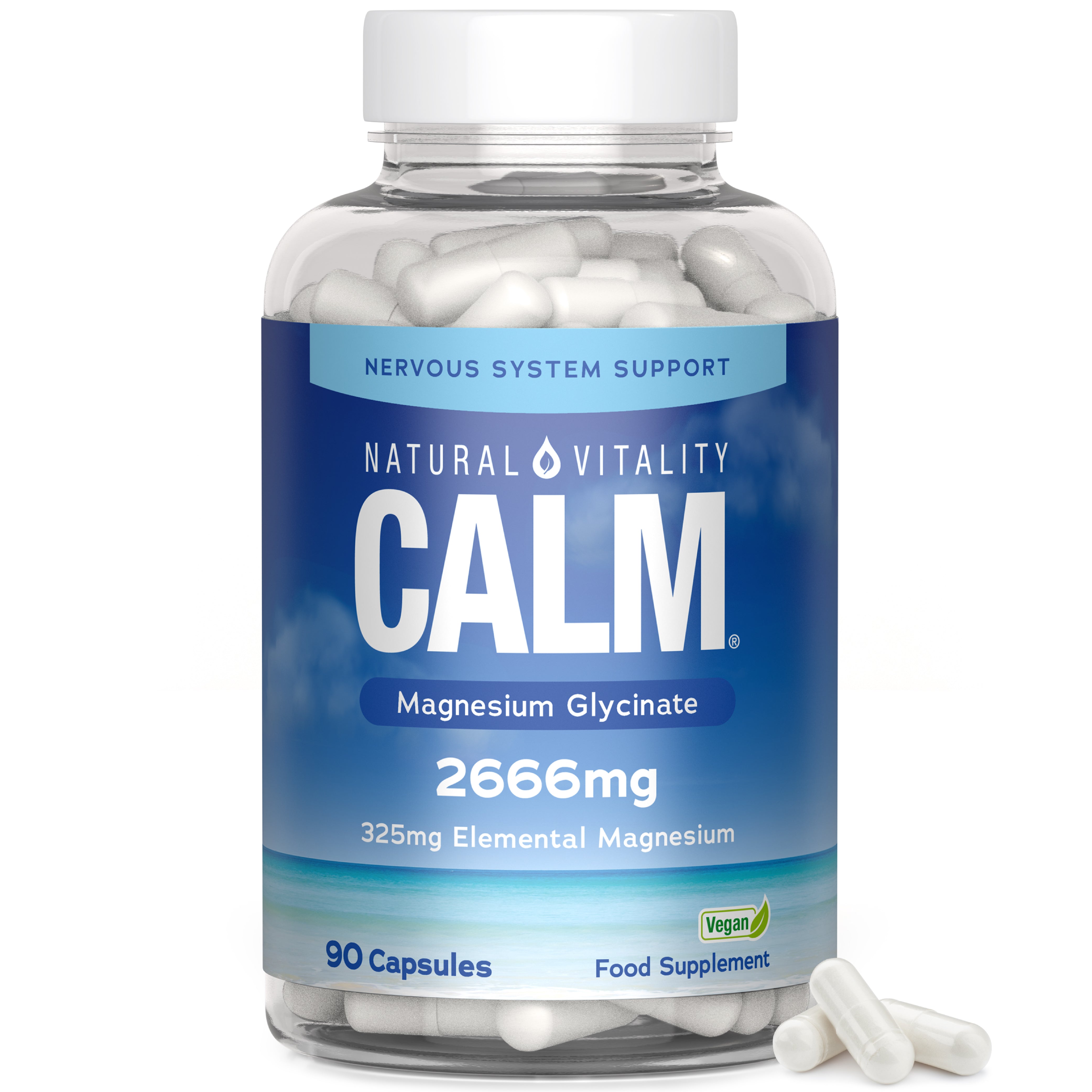 Magnesium Glycinate Supplement 2666mg | Providing 325mg Elemental Mag | High Strength Magnesium Bisglycinate For Women & Men | 90 Vegan Capsules | Natural Vitality Calm