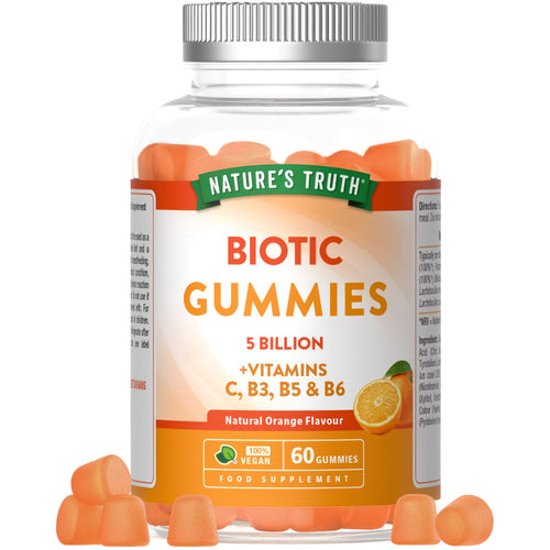 Biotic Gummies with 5 Billion CFU, Vitamins C, B3, B5, B6, 60 Vegan Gummies, Natural Orange Flavor.
