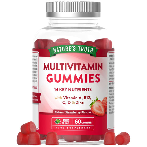 Nature's Truth Multivitamin Gummies, 60 vegan pieces, natural strawberry flavor. Contains 14 essential nutrients.