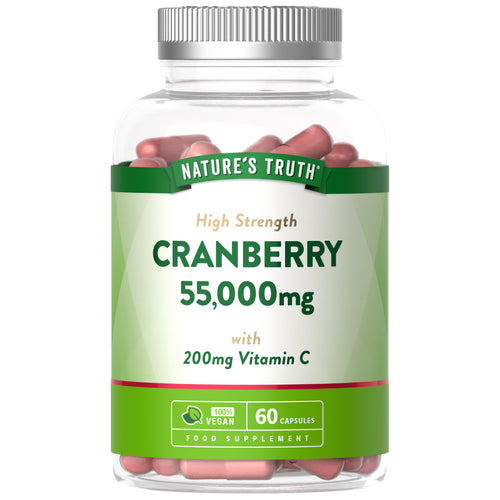 High Strength Cranberry 55,000mg with 200mg Vitamin C. Contains 60 vegan capsules as a food supplement.