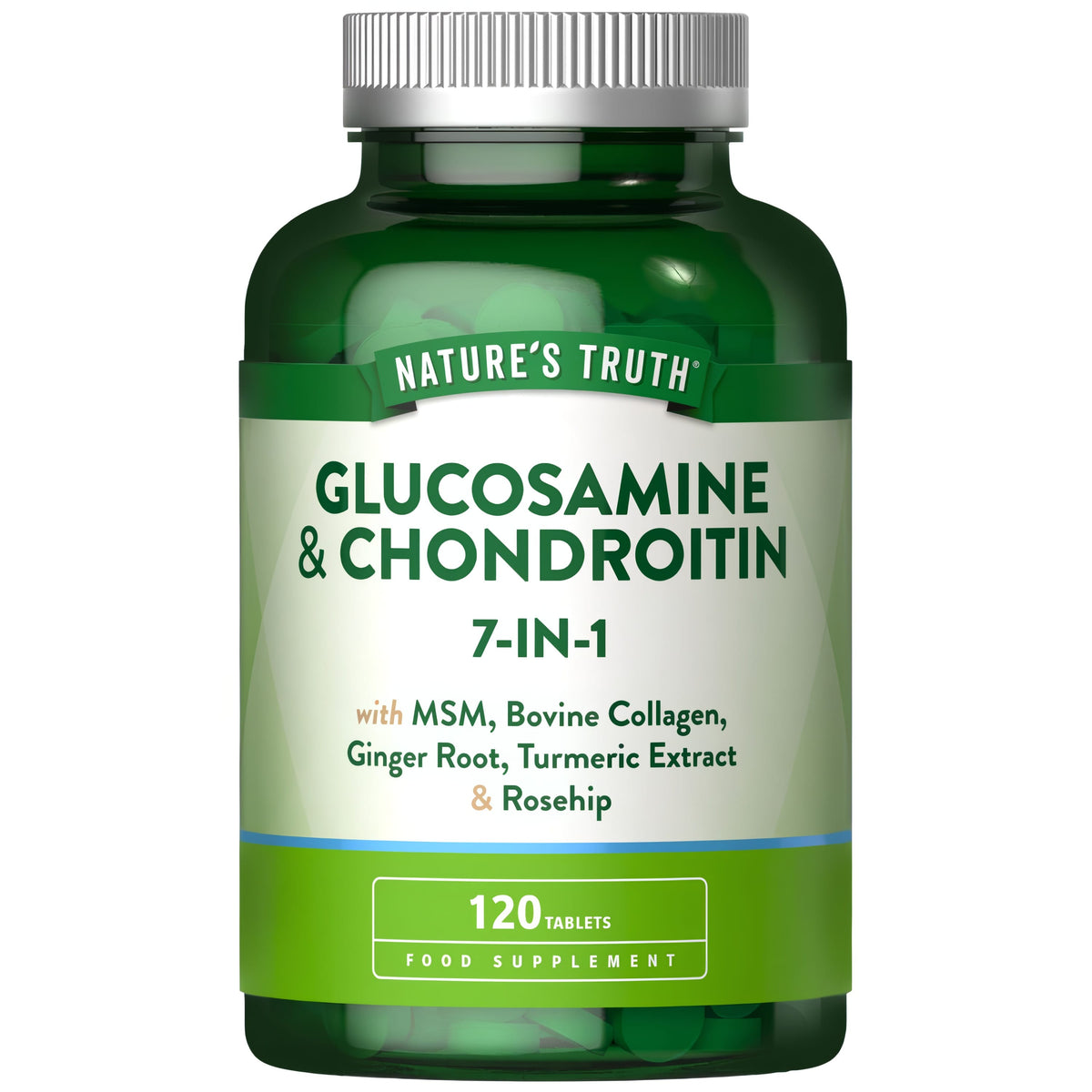Glucosamine & Chondroitin 7-IN-1 includes MSM, Collagen, Ginger, Turmeric, Rosehip in 120 tablet bottle.
