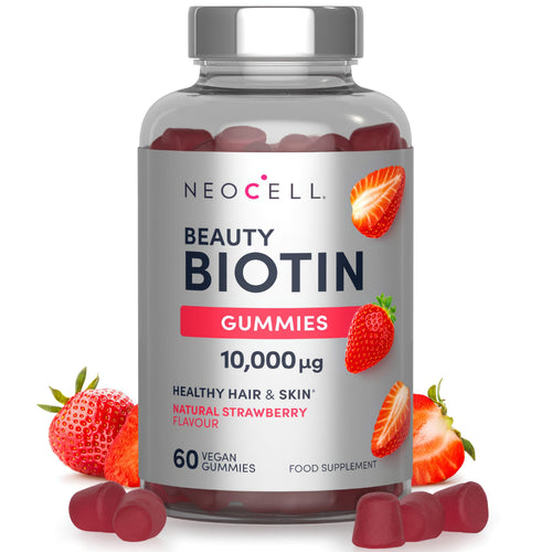 Neocell Beauty Biotin 10,000 mcg Gummies, 60 Vegan Gummies, Natural Strawberry Flavor, supports healthy hair and skin.